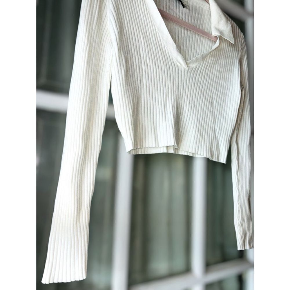 Divided by H&M Womens Medium Collared Ribbed Knit Long Sleeved Crop Top•Slim Fit - Picture 9 of 11